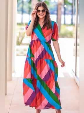 Bright Multi-Color Maxi Dress with Puff Sleeves—NWOT